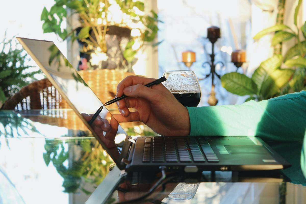 Young professionnal working from home using a touchscreen laptop with his stylus with a bright sunny light and plants in the background.